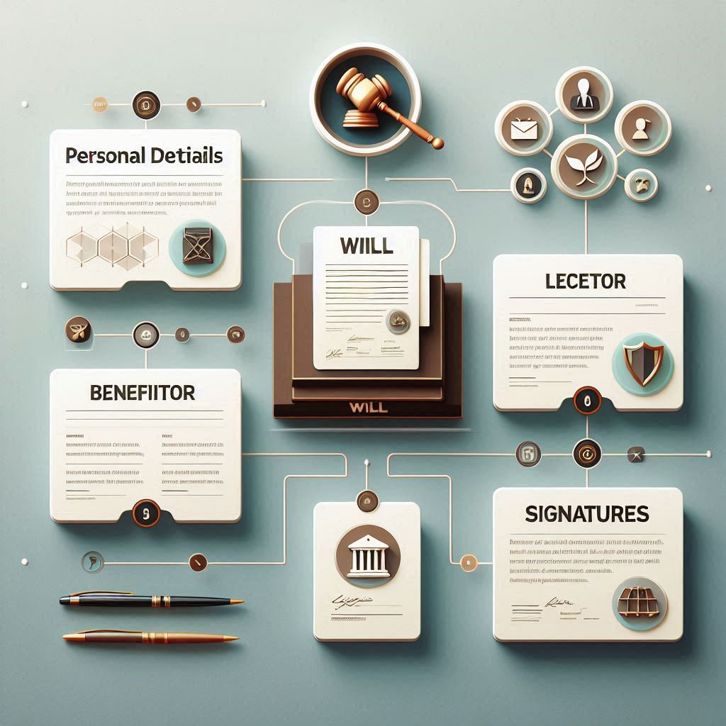 Infographic outlining key elements of a valid will, including personal details, asset list, beneficiaries, executor, and signatures.