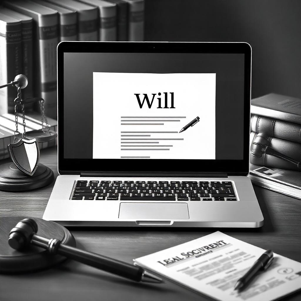 Laptop displaying a digital will registration form, with a digital pen signing the document and a legal shield icon for security.