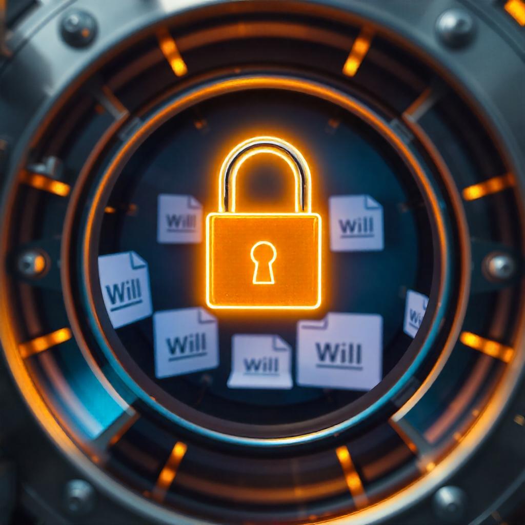 A futuristic digital vault with a padlock icon and will documents, representing secure online storage options for estate planning.
